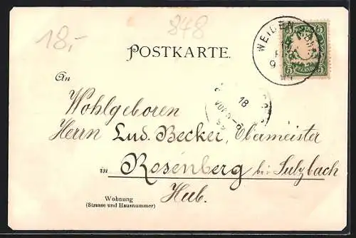 Lithographie Weiden / Oberpfalz, Blick auf den Ort, Strassenpartie, Rosen