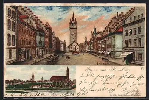 Künstler-AK Straubing, Ludwigplatz und Altstadtansicht