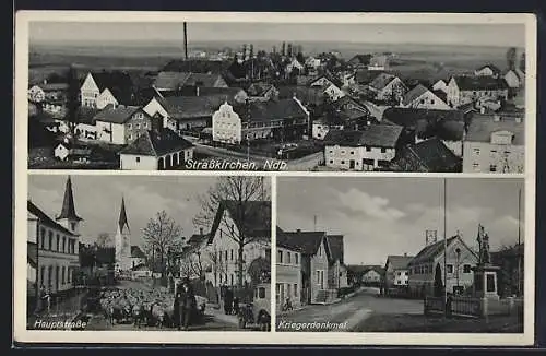 AK Strasskirchen / Ndb., Schäfer mit Herde auf der Hauptstrasse, Strassenpartie am Kriegerdenkmal