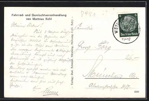 AK Weiherhammer /Opf., Fahrrad-Gemischtwaren-Handlung M. Kohl, Neue Kirche, Panorama mit Fabrik