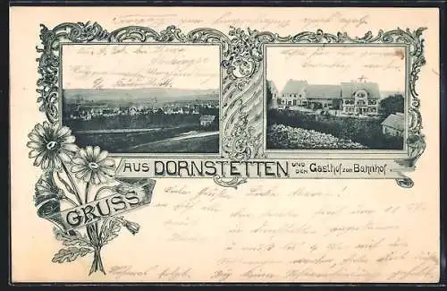 AK Dornstetten, Gasthof zum Bahnhof, Ortsansicht aus der Vogelschau