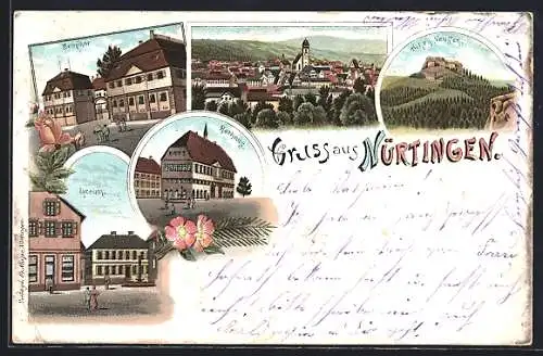 Lithographie Nürtingen, Lyceum, Seminar, Rathaus