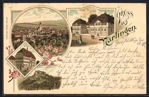 Lithographie Nürtingen, Rathaus, Seminar, Hohen Neuffen