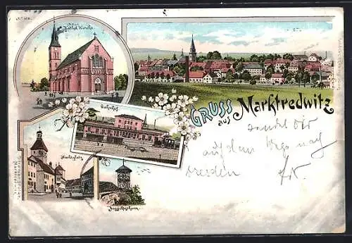 Lithographie Marktredwitz, Neue Katholische Kirche, Bahnhof, Marktplatz