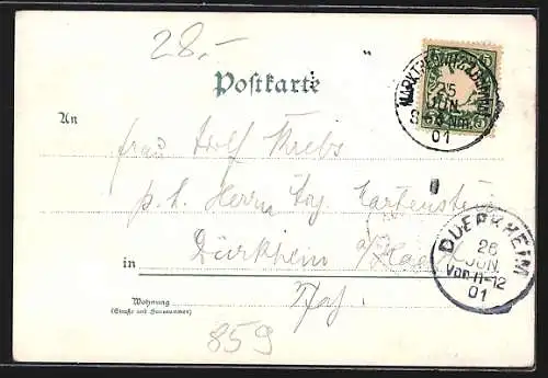 Lithographie Marktredwitz, Neue Katholische Kirche, Bahnhof, Marktplatz