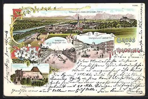 Lithographie Tittmoning, Stadtplatz mit Laufner Thor und Burghauser Thor, Burg