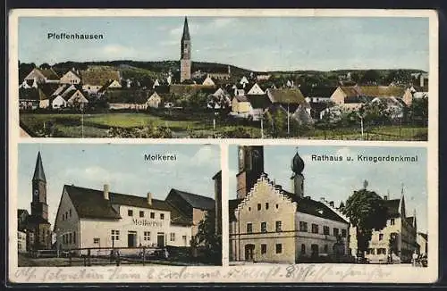 AK Pfeffenhausen, Molkerei, Rathaus u. Kriegerdenkmal, Ortsansicht