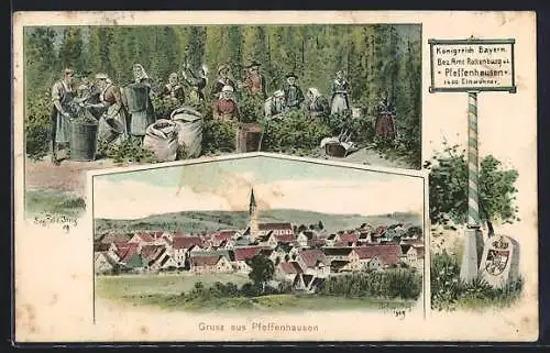 Künstler-AK Eugen Felle: Pfeffenhausen, Hopfenernte, Ortsansicht
