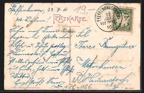 Künstler-AK Eugen Felle: Pfeffenhausen, Hopfenernte, Ortsansicht