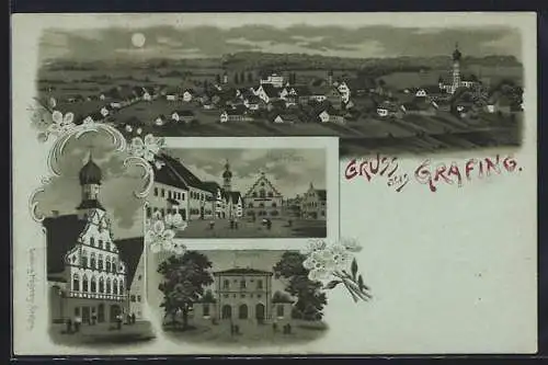 Lithographie Grafing, Rathaus, Marktplatz und Bahnhof bei Nacht