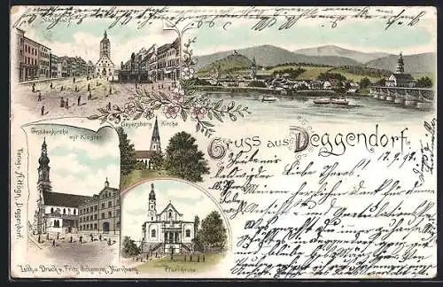 Lithographie Deggendorf, Gesamtansicht, Stadtplatz, Gnadenkirche mit Kloster