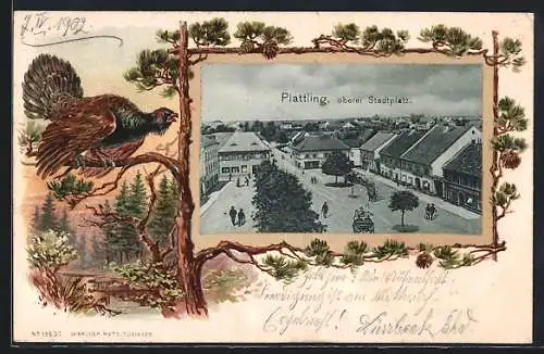 Passepartout-Lithographie Plattling, Oberer Stadtplatz