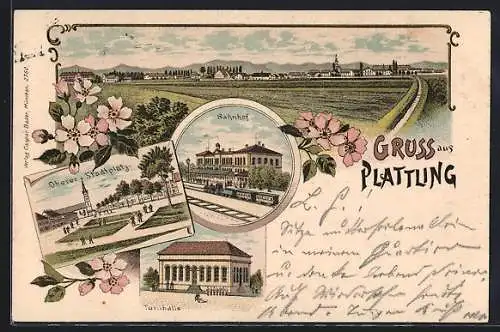 Lithographie Plattling, Oberer-Stadtplatz, Bahnhof und Turnhalle