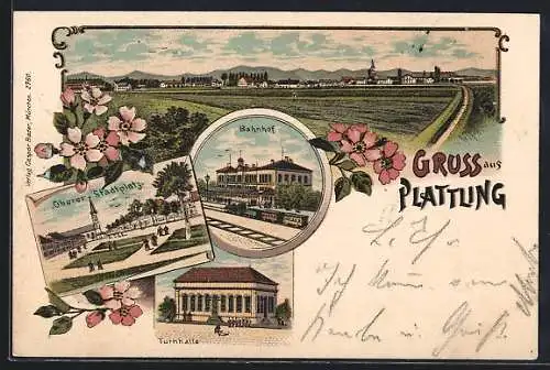 Lithographie Plattling, Turnhalle, Bahnhof, Oberer Stadtplatz