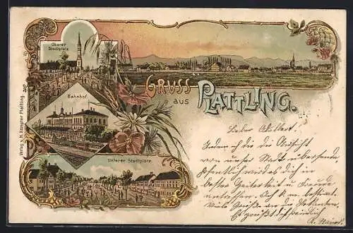 Lithographie Plattling, Bahnhof, Oberer Stadtplatz, Unterer Stadtplatz