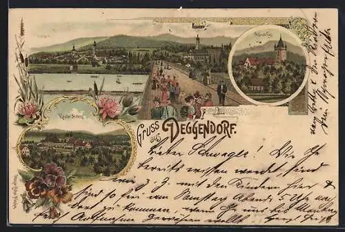 Lithographie Deggendorf, Kloster Stetten, Schloss Egg, Ortsansicht