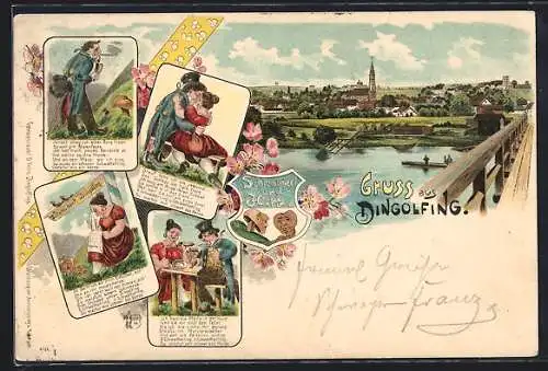 Lithographie Dingolfing, Schwammerl und Herz, Ortsansicht