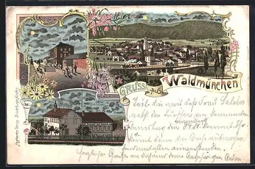 Lithographie Waldmünchen, Bahnhof, Herzogau, Ortsansicht