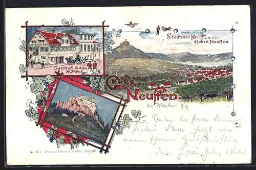 Lithographie Neuffen, Gasthof zum Ochsen von R. Paul, Ortsansicht mit Hohenneuffen