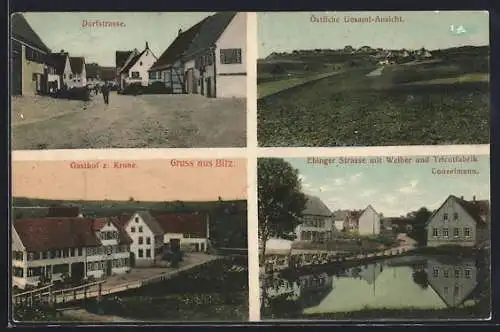 AK Bitz / Württ., Gasthof z. Krone, Dorfstrasse, Ebinger Strasse mit Weiher