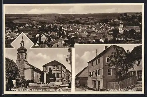 AK Altheim / Baden, Handlung v. F. Probst, Kirche mit Schule und Kriegerdenkmäler