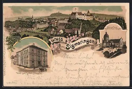 Lithographie Sigmaringen, Hotel zum Löwen v. Hägele, Mausoleum d. Fürsten von Hohenzollern, Ortsansicht