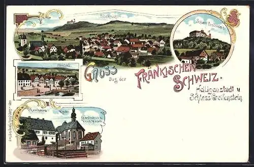 Lithographie Heiligenstadt /Fränk. Schweiz, Gasthaus von F. Hösch und Pfarrhaus, Schloss Greifenstein