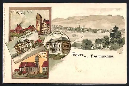 Lithographie Spaichingen, Gewerbemuseum, Städt. Schulgebäude, Messnerhaus Dreif. Berg