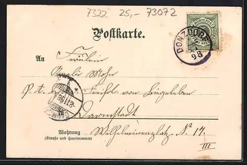 Lithographie Donzdorf, Marktplatz mit Rathaus und Messelberg, Scharfenschloss