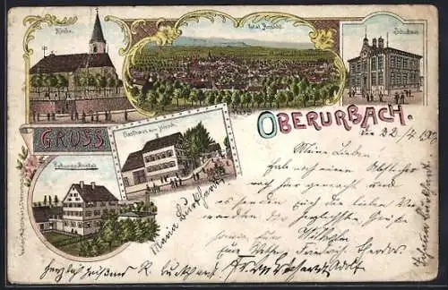 Lithographie Oberurbach / Remstal, Gasthaus zum Hirsch, Rettungs-Anstalt, Schule