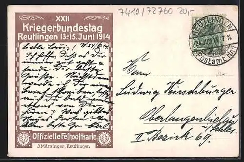 Künstler-AK Reutlingen, XXII. Kriegerbundestag 13.-15. Juni 1914, Ortsansicht