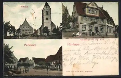 AK Hirrlingen, Flaschnerei v. Eug. Kurz, Kirche, Marktplatz