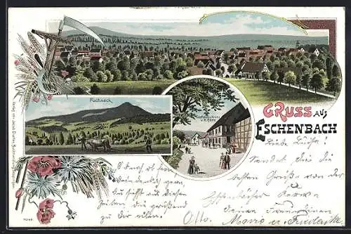 Lithographie Eschenbach / Göppingen, Gasthaus zur Krone v. H. Horn, Fuchseck, Totalansicht