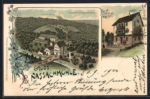 Lithographie Uhingen, Gasthaus Nassachmühle, Restauration