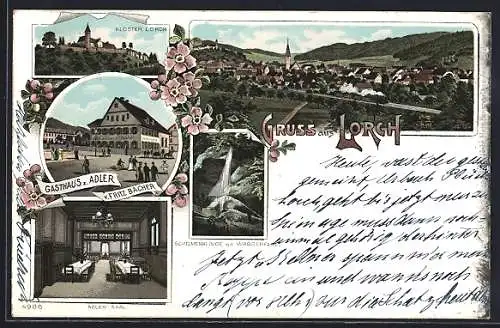 Lithographie Lorch / Württbg., Gasthaus z. Adler, Schelmenklinge mit Wasserfall