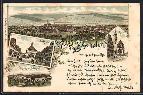 Vorläufer-Lithographie Schorndorf / Württ., 1894, Marktplatz, Kirche, Panorama