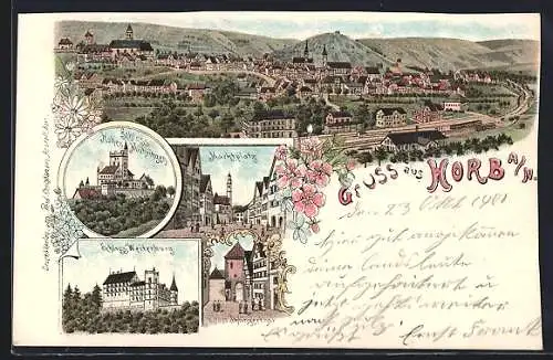 Lithographie Horb a. N., Schloss Hohen-Mühringen, Schloss Weitenburg, Marktplatz, Totalansicht