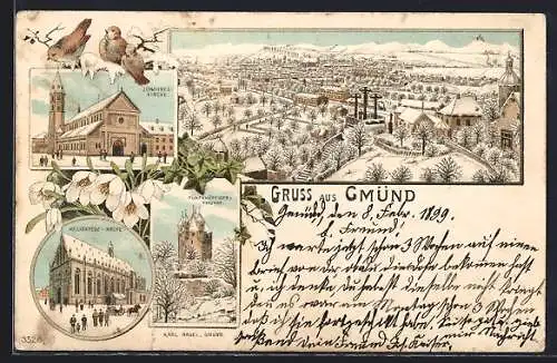 Winter-Lithographie Gmünd, Johannes-Kirche, Heiligkreuz-Kirche, Fünfknöpfiger-Thurm, Totalansicht