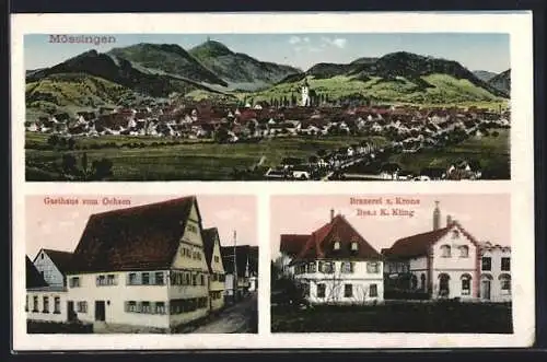 AK Mössingen, Gesamtansicht, Gasthaus zum Ochsen, Brauerei z. Krone v. K. Kling