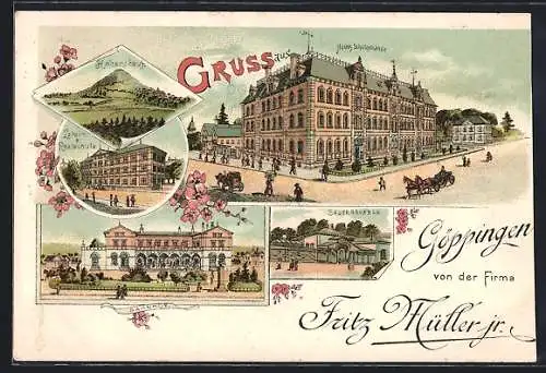 Lithographie Göppingen, Neues Schulgebäude, Bahnhof, Sauerbrunnen, Firma Fritz Müller jr.