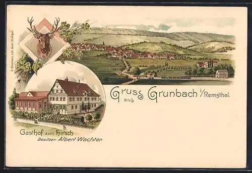 Lithographie Grunbach im Remsthal, Gasthof zum Hirsch v. Albert Wachter, Totalansicht
