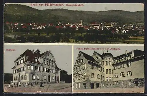 AK Plüderhausen, Neues Schulgebäude von der Westseite, Rathaus, Totalansicht