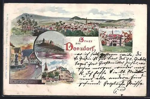 Lithographie Donzdorf, Gasthaus Krone, Schloss, Scharfenschloss, Marktplatz