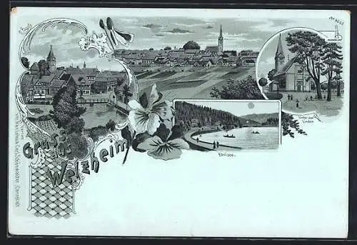 Mondschein-Lithographie Welzheim, Kirche Unter den Linden, Ebnisee, Ortsansicht