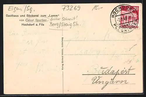 AK Hochdorf a. Fils, Gasthaus und Bäckerei zum Lamm v. Oskar Sperber