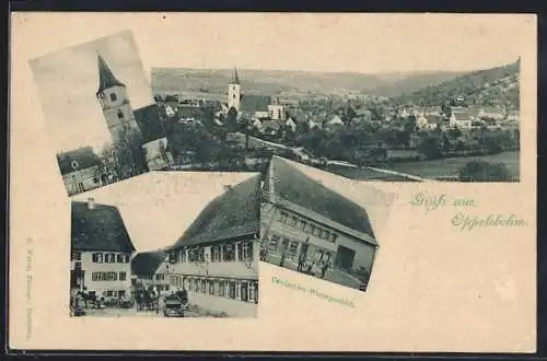 AK Oppelsbohm, Gemischtes Warenhaus, Kirche, Partie zw. den Häusern