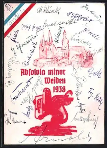 AK Weiden / Oberpfalz, Greif mit Studentenwappen Absolvia minor 1938, Silhouette der Ortschaft