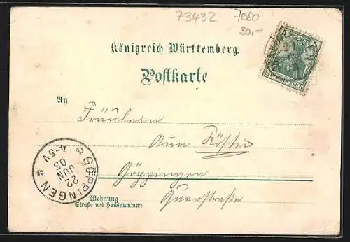 Lithographie Waldhausen / Remstal, Gasthaus zur Germania v. C. Lang, Kirche v. 1696, Naturheilanstalt Elisabethenberg