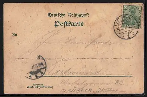 Lithographie Lübeck, Gasthof Fischerboden mit Tanzsaal, Seepartie