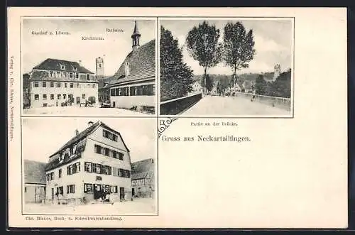 AK Neckartailfingen, Gasthof zum Löwen, Kirchturm, Rathaus, Schreibwarenhandlung Chr. Blauss, Brückenpartie